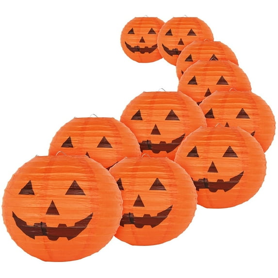 Naler 10 inch Halloween Paper Pumpkin Lanterns Jack-O-Lanterns Hanging Halloween Decorations Outdoor Indoor Halloween Party Decorations, Pack of 10