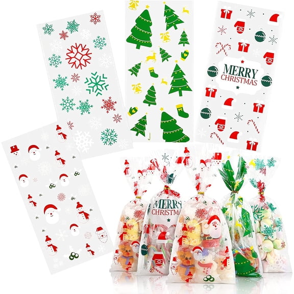 Naler 100 Count Christmas Cellophane Treat Bags with Twist Ties,Clear Santa Claus Snowflake Goodie Candy Bag for Xmas Party Favor