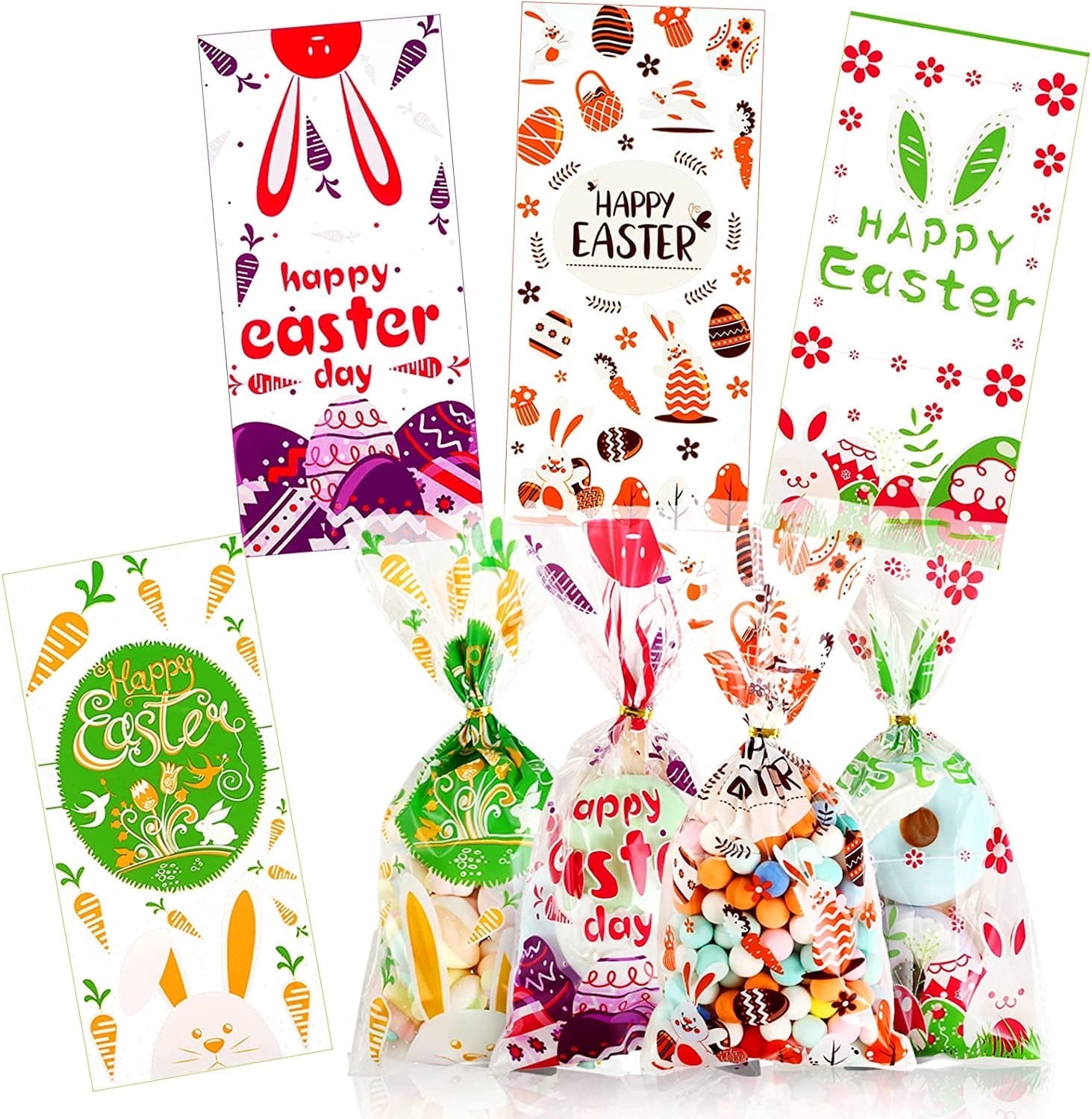 Naler 100 Count Easter Cellophane Treat Bags with Twist Ties Plastic Goody Bags for Kids Party Favor