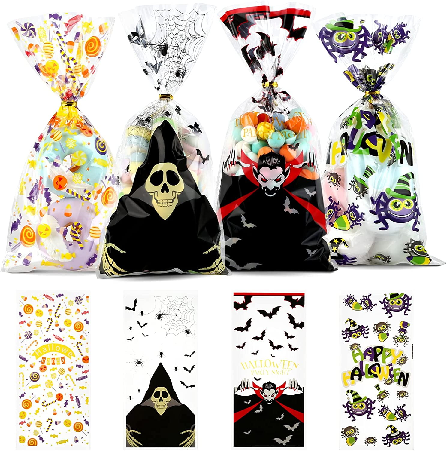 Naler 100 Count Halloween Cellophane Treat Bags with Twist Ties,Clear Candy TrickorTreat Bags