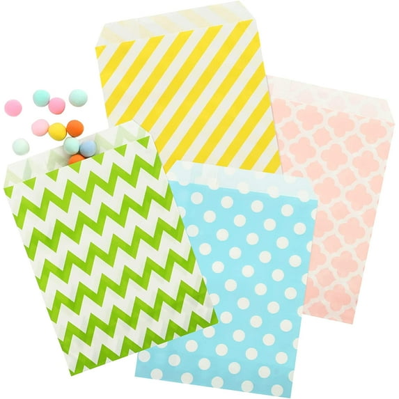 Naler 100 Pack Pastel Cookie Candy Buffet Treat Bags, 4 Styles 5x7" Small Paper Bags for Easter Birthday Holiday Party Favor Supplies