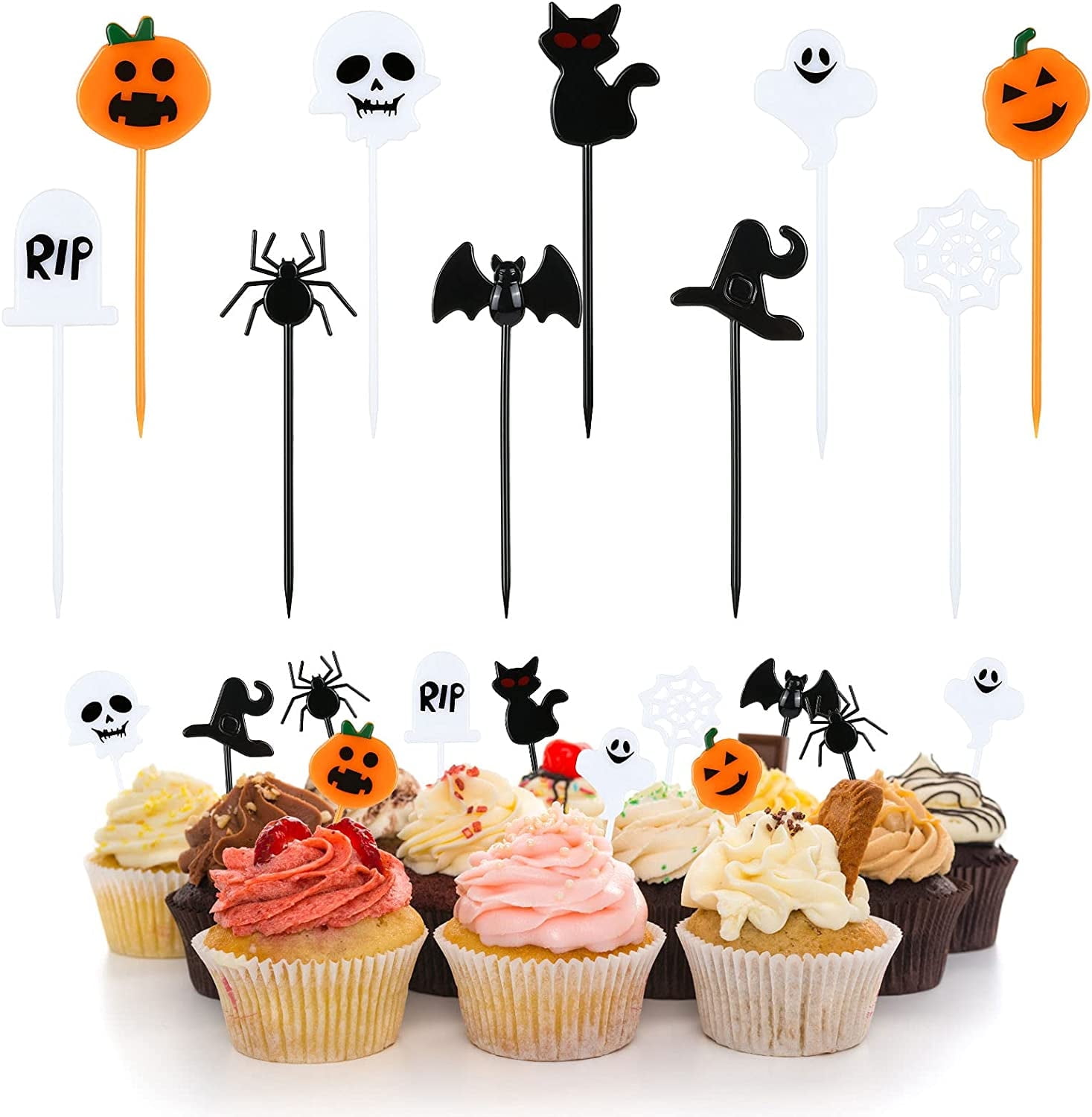 Naler 100 Pcs Halloween Cupcake Toppers,Plastic Funny Cake Topper Picks for Halloween Baby Shower Birthday Wedding Party Food Decorations