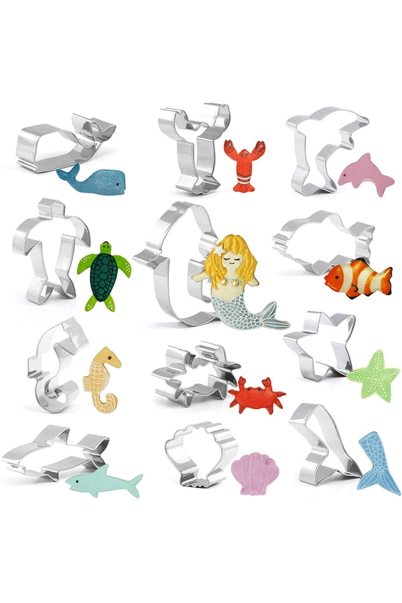 12-Pieces Sea Creature Cookie Cutter Set Ocean Sea Life Mermaid Cookie and Fondant Cutter for Kids