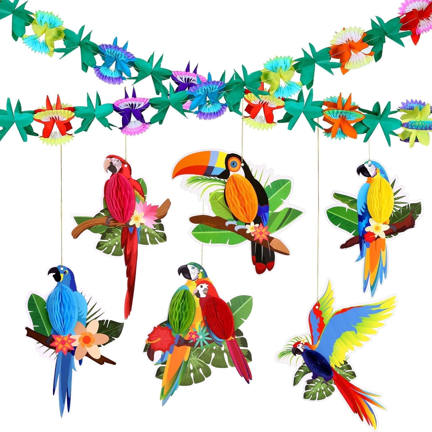 Naler 2 Pack Hawaiian Tropical Paper Garlands & 6 Pcs Birds Honeycomb for Summer Luau Tiki Bar Beach Party Decorations