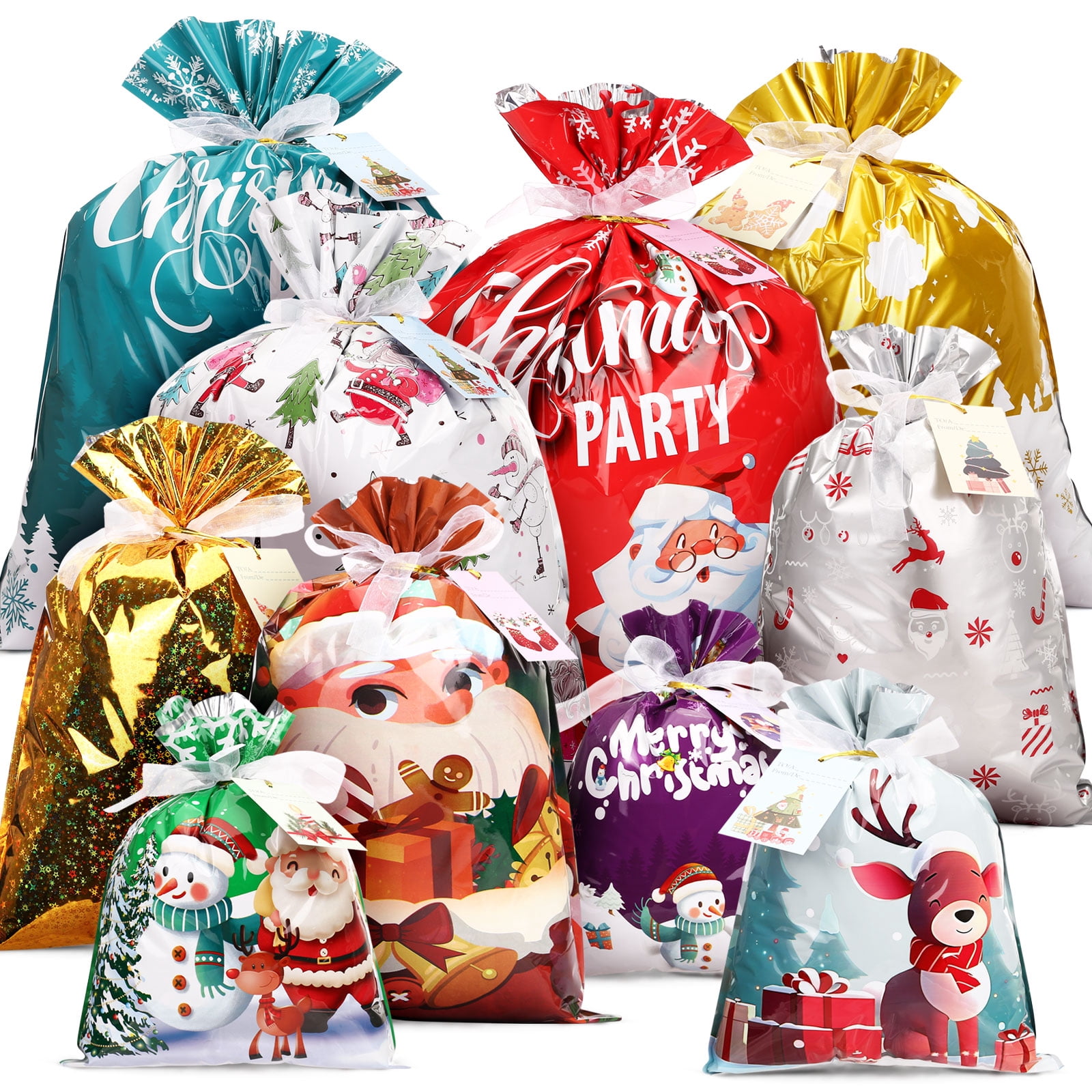 20-Pack Christmas Drawstring Gift Bags – 14x10 Inches, Non-Woven Fabric With Ribbon Ties