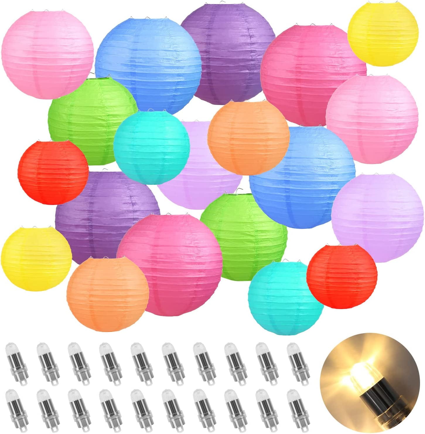 Naler 20Pcs Colorful Hanging Paper Lanterns Bulk with 20x LED Lights