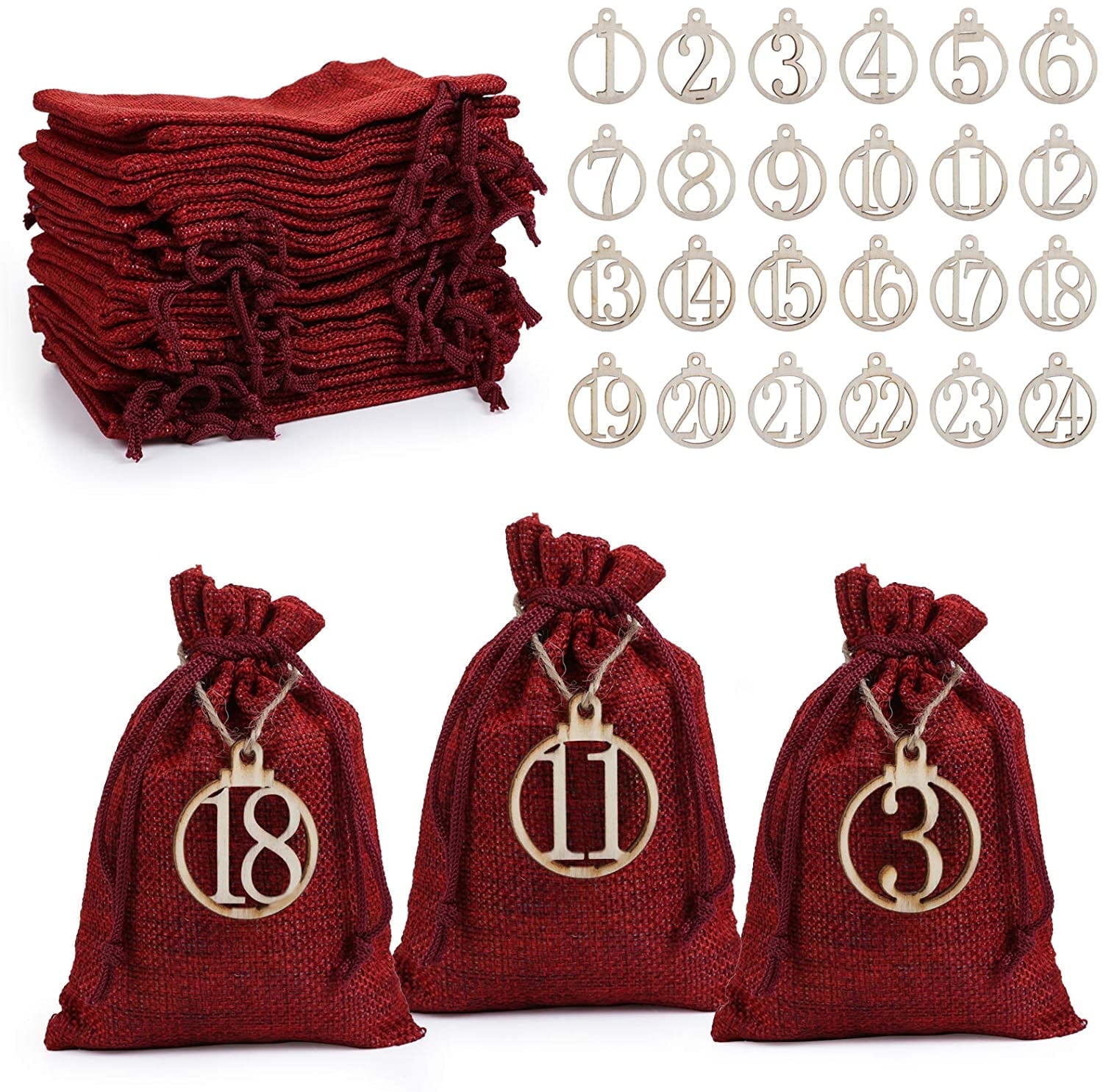 Naler 24 Days Christmas Advent Calendar Drawstring Gift Bags with 1 to 24 Wooden Countdown Ornaments for Xmas Holiday Party Decors