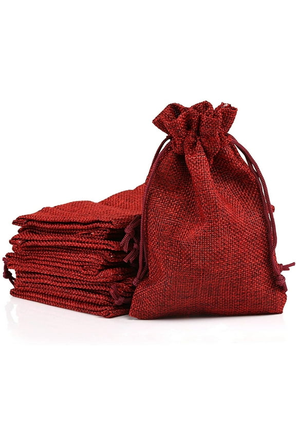 24 Pcs Wine Red Christmas Burlap Drawstring Gift Bags for Kids Adults Wedding New Year Party Favor