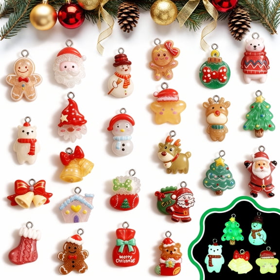 Naler 24PCS Mini Resin Christmas Ornaments, Glow in The Dark Tiny Christmas Hanging Ornaments for Tree Xmas, Mini Figurines Charms with String for Holiday Party Decorations