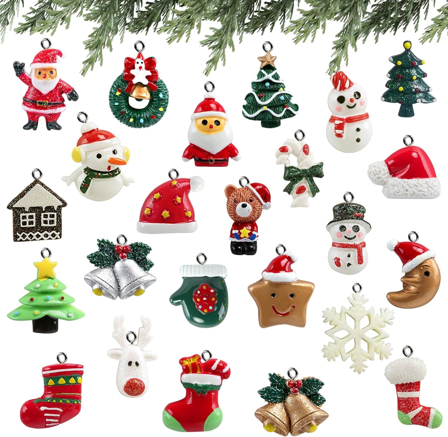 Naler 24Pcs Christmas Mini Ornaments,Resin Charm Santa Claus,Reindeer for Tree Hanging Decor,0.154lb