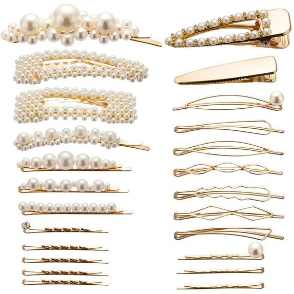 Naler 24Pcs Pearl Hair Clips, Metal Geometric Hairpins Handmade Hair Barrettes for Women Elegant Hair Accessories,Gold