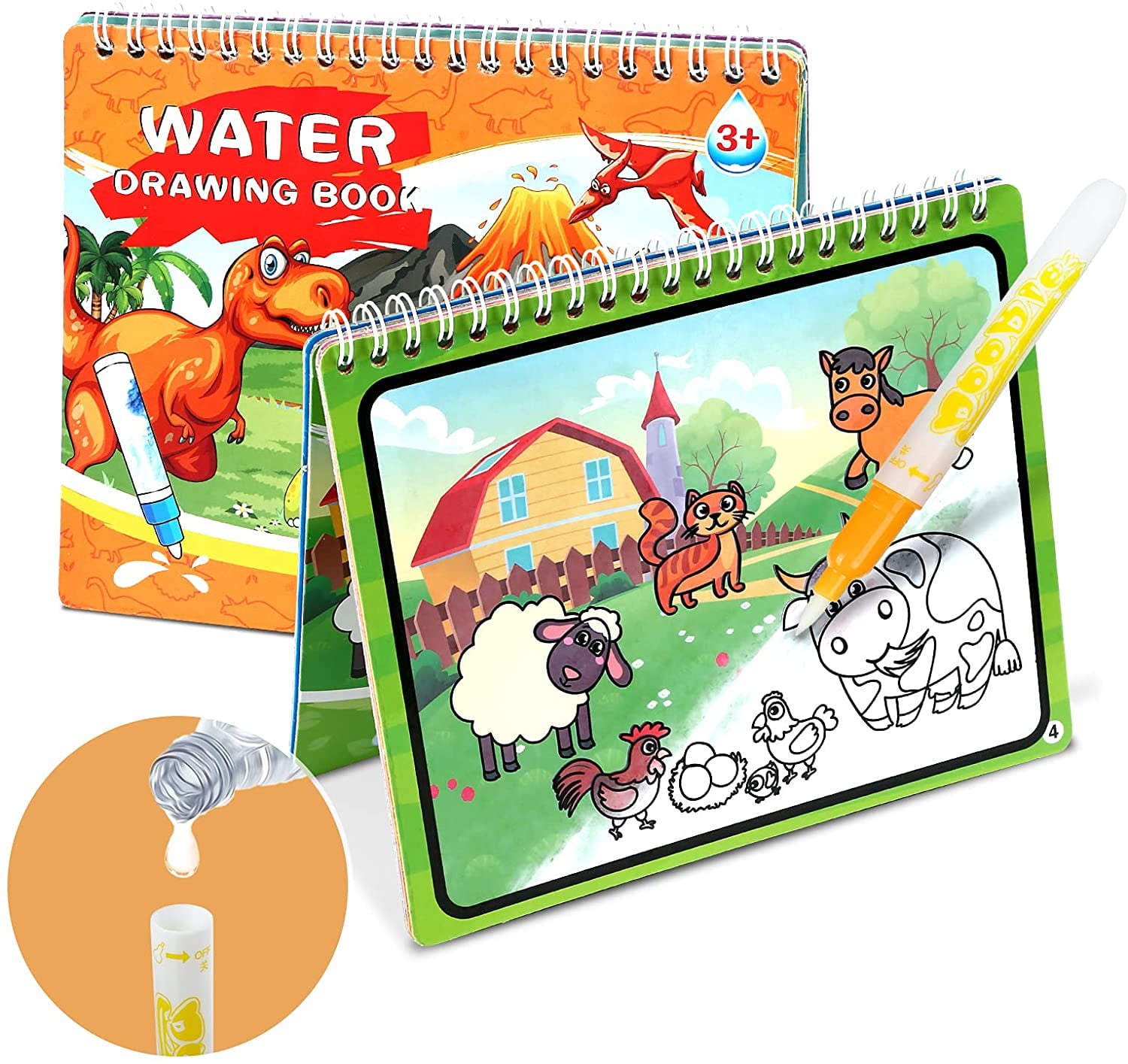 Naler 2Pcs Water Coloring Books Reusable Painting Book & Water Drawing Pen for Kids Toddlers,8