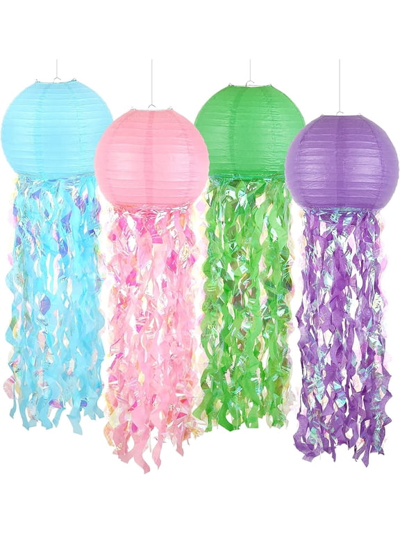 4 Pack Jellyfish Paper Lanterns 12 inch Hanging Mermaid Wishes Lantern for Kids Birthday Baby Shower Party Decors,Multi-Color