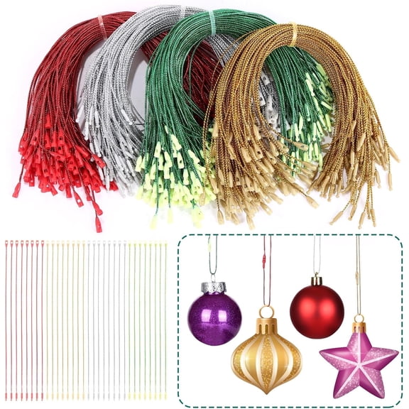 Naler 400 Pieces Christmas Ornament String Hanger 4 Colors Precut Ribbon Hook Hanging Ropes with Snap Fastener for Home Party Decorations