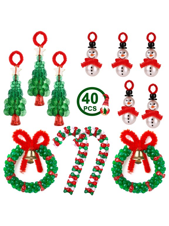 40PCS Christmas Crafts Beaded Ornament Kit - Including 10 PCS Snowman, 10PCS Tree, 10PCS Wreath, 10PCS Candy Cane, Xmas Holiday Party Tree Favor Decorations(Assembly Needed)