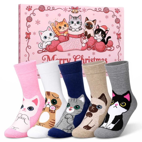 Naler 5 Pairs Women Cat Crew Socks, Cute Stocking Stuffer for Her, Xmas Gift Brings Soft Daily Comfort, Playful Cat Style, Easy Machine Wash C