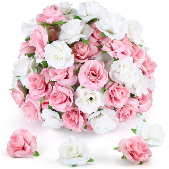 Naler 50 Pcs 1.6" White and Pink Stemless Fake Silk Roses,Bulk Artificial Flowers Heads for Wedding Bouquets Home Party Decors