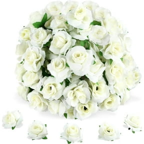 Naler 50 Pcs Ivory White Stemless Fake Silk Roses,1.6" Artificial Flowers Heads Bulk for Wedding Bouquets Party Birthday Decors