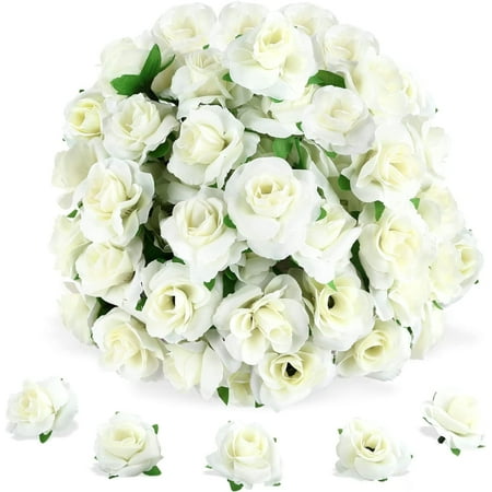 Naler 50 Pcs Ivory White Stemless Fake Silk Roses,1.6" Artificial Flowers Heads Bulk for Wedding Bouquets Party Birthday Decors