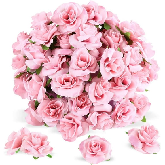 Naler 50 Pcs Pink Stemless Fake Silk Roses,1.6" Artificial Flowers Heads Bulk for Wedding Bouquets Party Birthday Decors