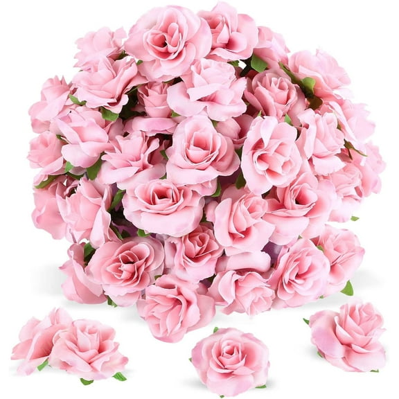 Naler 50 Pcs Pink Stemless Fake Silk Roses,1.6" Artificial Flowers Heads Bulk for Wedding Bouquets Party Birthday Decors