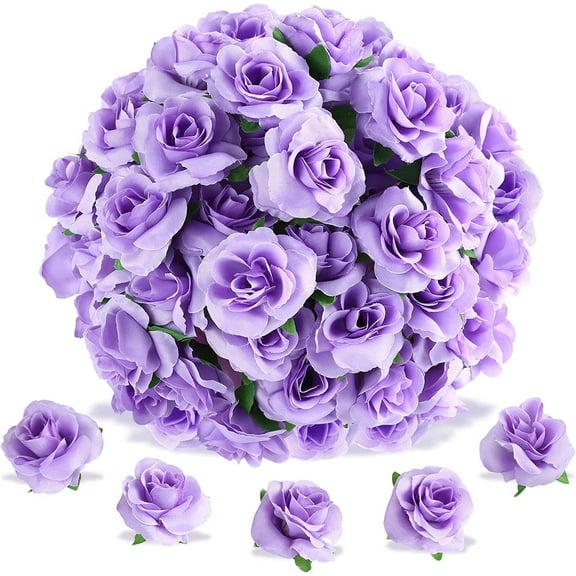 Naler 50 Pcs Purple Stemless Fake Silk Roses,1.6" Artificial Flowers Heads Bulk for Wedding Bouquets Party Birthday Decors