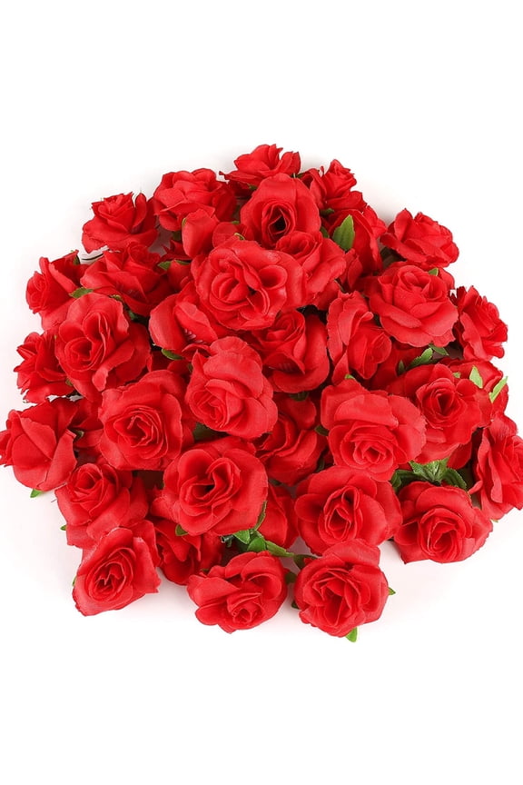 50 Pcs Red Stemless Fake Silk Roses,1.6" Artificial Flowers Heads Bulk for Valentine's Day Wedding Party Bouquets Decorations