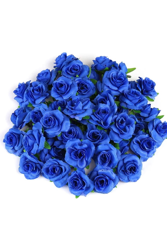 50 Pcs Royal Blue Stemless Fake Silk Roses,1.6" Artificial Flowers Bulk for Wedding Bouquets Party Birthday Decors