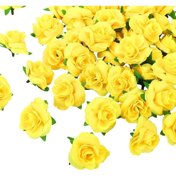 Naler 50 Pcs Yellow Stemless Roses Artificial Flowers Bulk,1.6" Small Silk Fake Rose Head for Decoration,Crafts,Wedding Party Home Decor