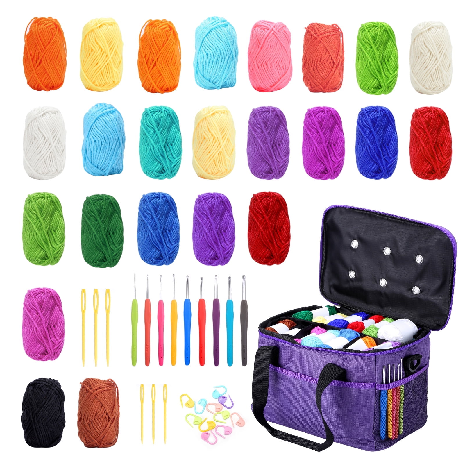 Naler 50 Piece Crochet Set Kit with Crochet Hooks Yarn Set - 24 Assorted 100% Acrylic Mini Yarns with 25Pcs Crochet Hook Set & Knitting Bag,15g/Roll