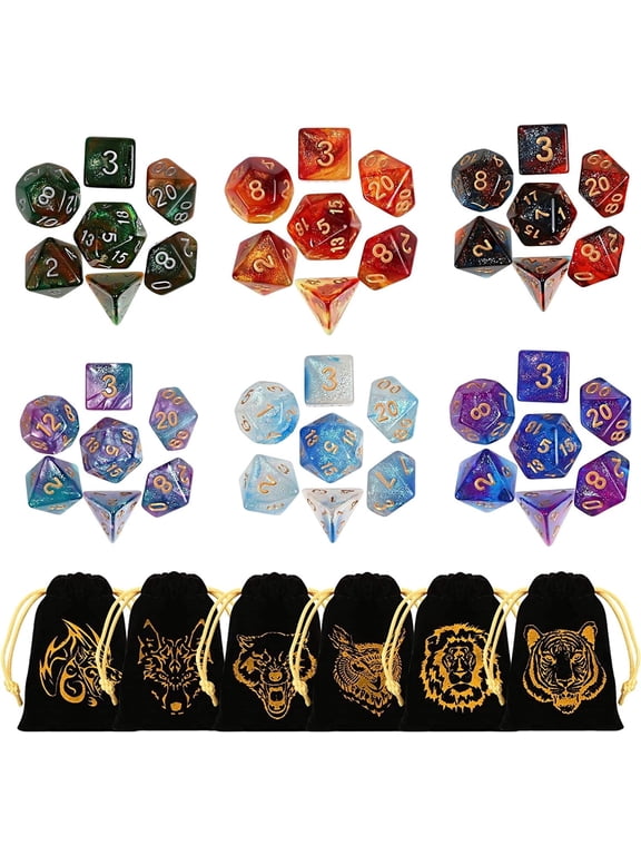 6 Sets DND Dice,42 Pcs Polyhedral Dice with 6 Drawstring Pouches for Dungeons and Dragons D&D RPG MTG Table Games for 5 Years & up, All Ages