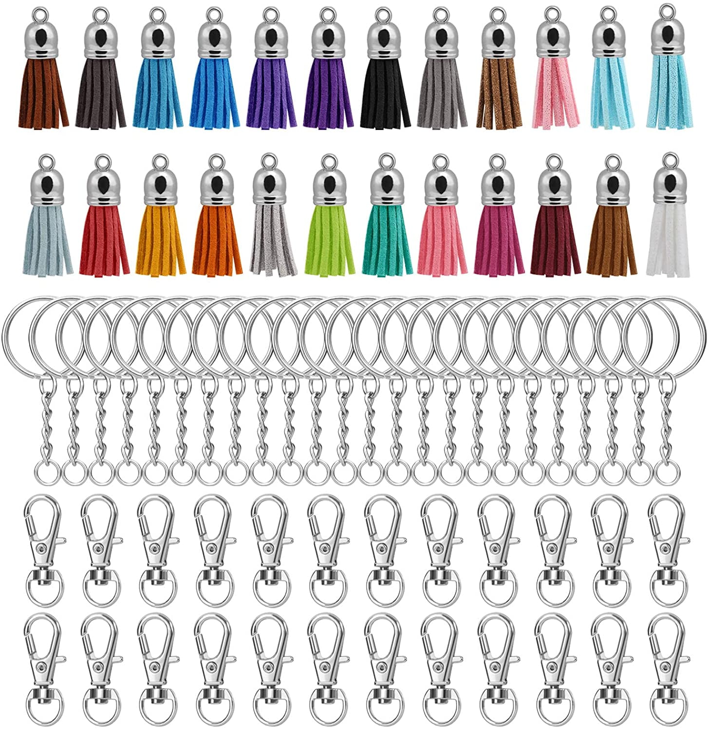 Naler 72 Pcs Key Chain Bulk,24x Silver Tone Swivel Lobster Clasp with Split Ring & 24 Colors Leather Tassels for Keychain Crafts Jewelry Making