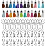 Naler 72 Pcs Key Chain Bulk,24x Silver Tone Swivel Lobster Clasp with Split Ring & 24 Colors Leather Tassels for Keychain Crafts Jewelry Making