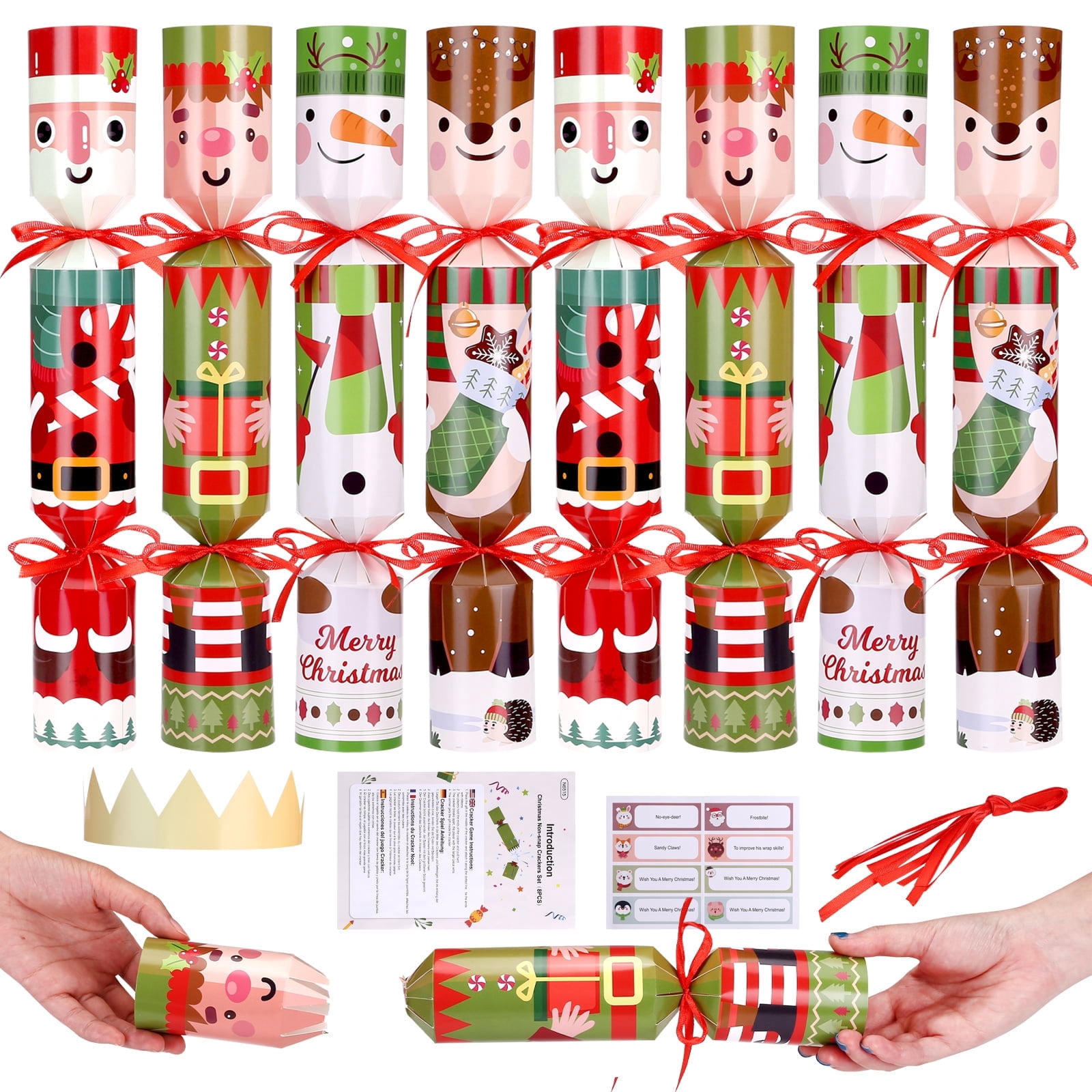 12 Pack Christmas Crackers - No-Snap Party Favors With Hats, Jokes & Gifts Inside For Holiday Dinners (Blue & White)