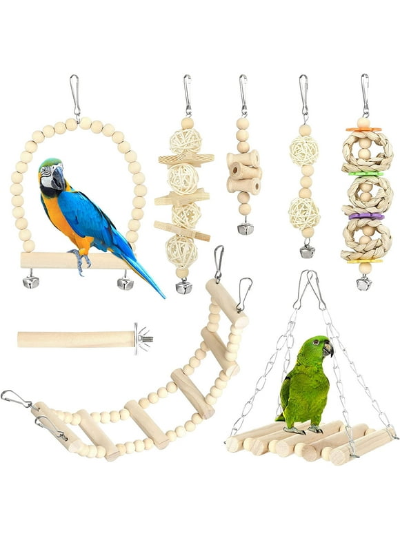 Naler 8 Pcs Bird Parrot Toys,Swing Chewing Hanging Standing Wooden Toys for Parakeets Cockatiels