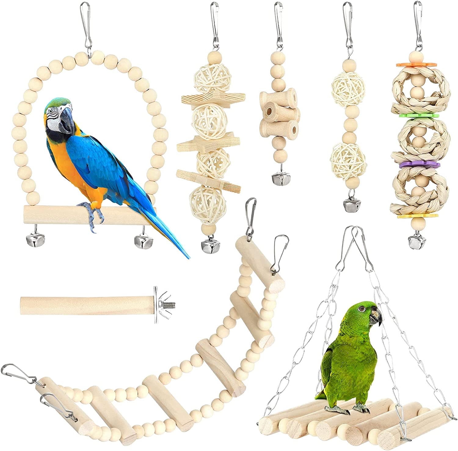 Naler 8 Pcs Bird Parrot Toys,Swing Chewing Hanging Standing Wooden Toys for Parakeets Cockatiels