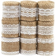 Naler 9 Rolls Burlap Ribbon Roll with White Lace Trims Tape for Arts Crafts Homemade DIY Projects Gift Wrapping Christmas Decorations