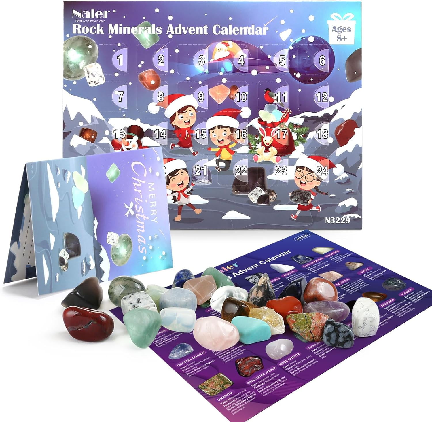 Naler Advent Calendar 2024,24 Days Rock and Minerals Gemstones Collection Kit for Boys & Girls Party Favors Countdown to Christmas