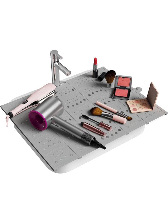 Bathroom Foldable Sink Cover for Counter Space - Sink Topper - Silicone Makeup Organizer Mat Space Saver,Small Bathroom & Rv Camper Travel Must Haves Accessories,Grey