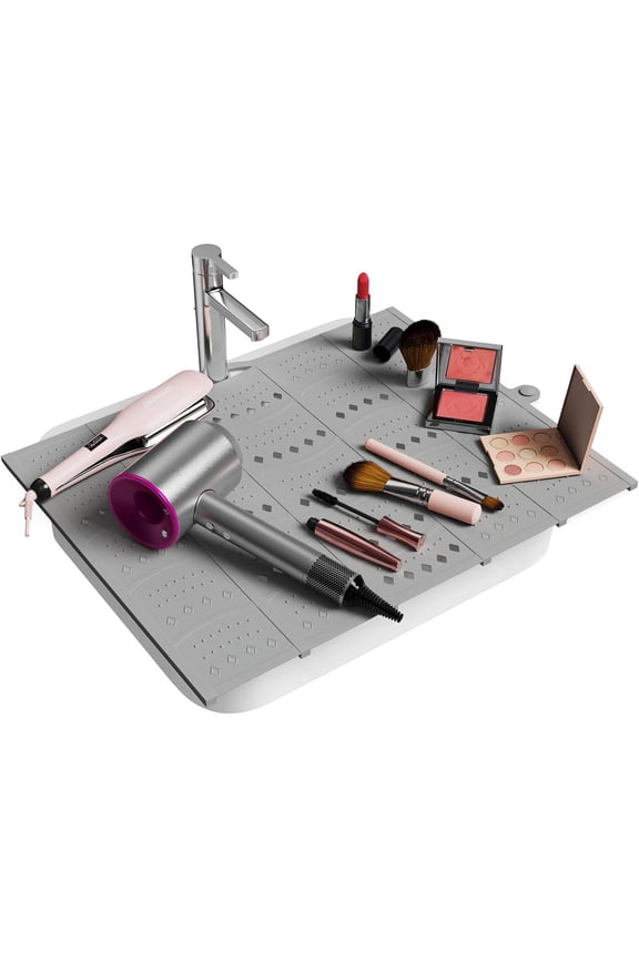 Bathroom Foldable Sink Cover for Counter Space - Sink Topper - Silicone Makeup Organizer Mat Space Saver,Small Bathroom & Rv Camper Travel Must Haves Accessories,Grey