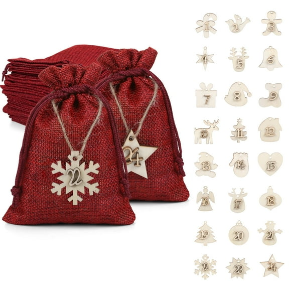 Naler Christmas Advent Calendar, 24 Pieces Christmas Drawstring Gift Bags Burlap Hanging Countdown Calendar Bags with Wooden Gift Number Tags for DIY Xmas Christmas Home Decorations, Red
