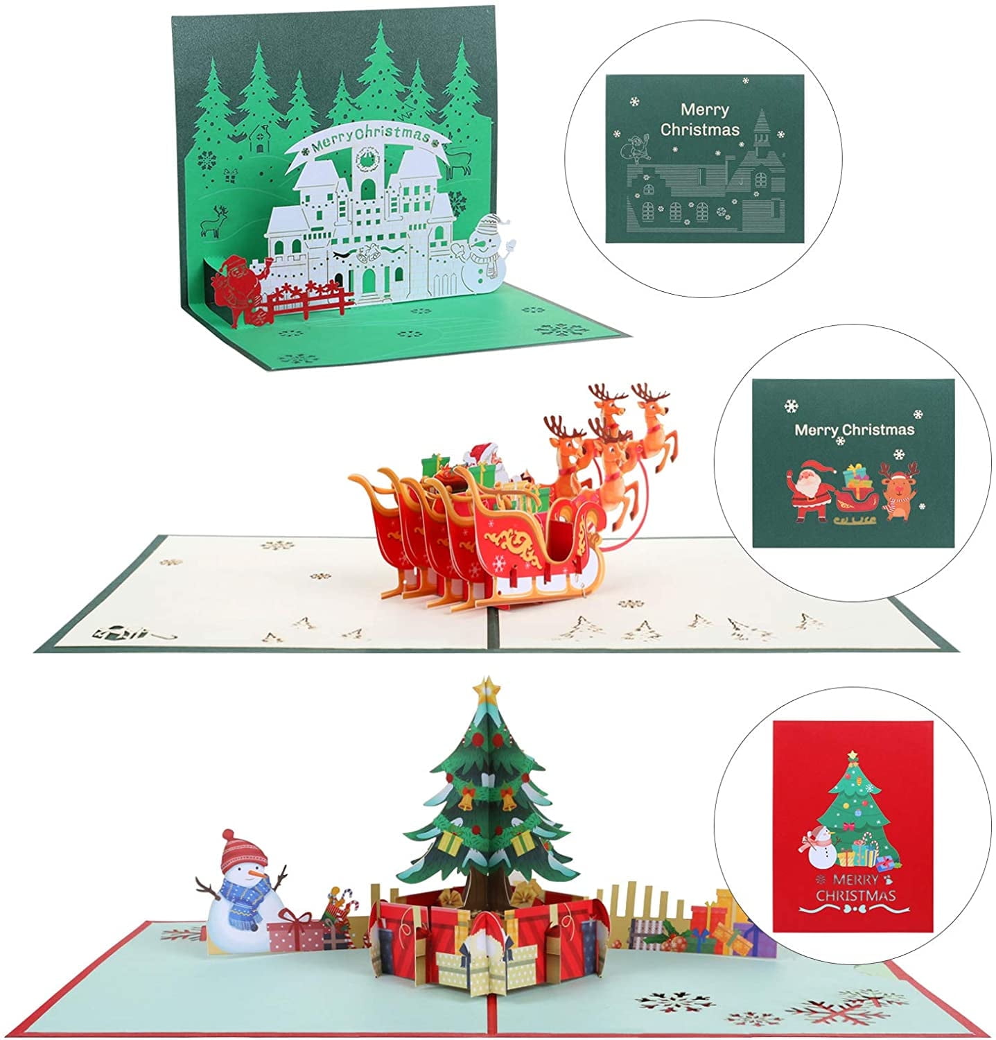 Naler Christmas Cards Pop up Greeting Cards with Envelopes, 3D Holiday Xmas Cards - Pack of 3