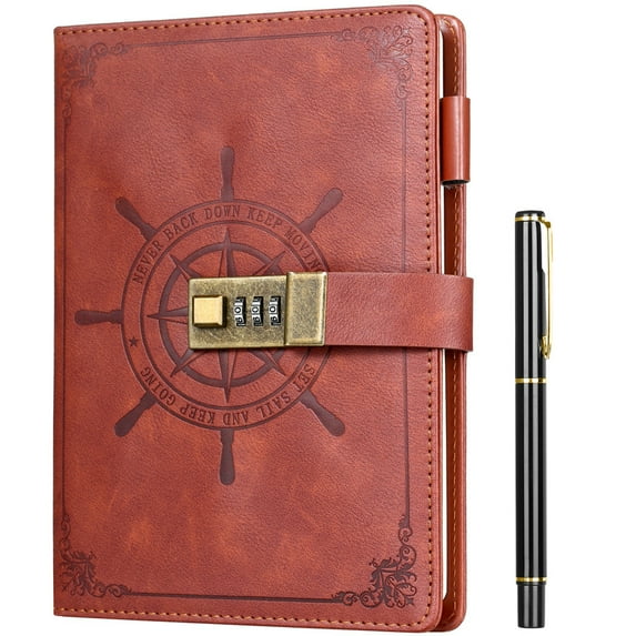 Naler Diary with Lock, A5 Journal with Lock 210 Pages, Locks Journal Password Notebook with Pen for Personal Daily Arrangement, Journey and Work Record, Brown