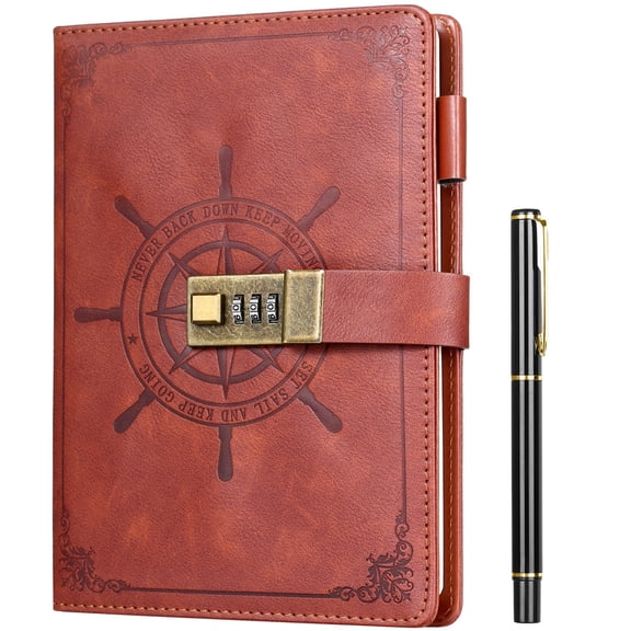 Naler Diary with Lock, A5 Journal with Lock 210 Pages, Locks Journal Password Notebook with Pen for Personal Daily Arrangement, Journey and Work Record, Brown