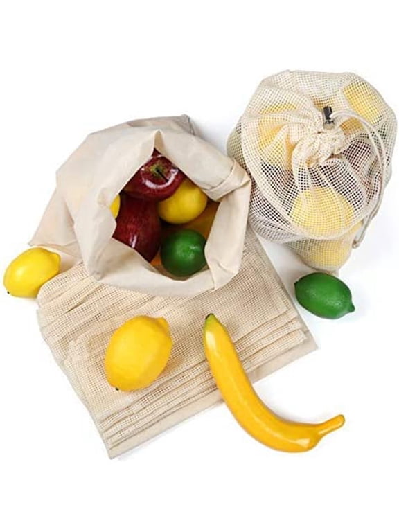 Ecology Organic Cotton Mesh Reusable Grocery Shopping Produce Bag - Set of 8, 3 Sizes (L,m,S)