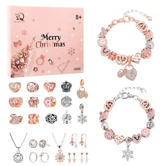 Naler Jewelry Advent Calendar 2026 Women Charm Bracelet, 24 Days Jewelry Necklace Bracelets Making Kit - Christmas Countdown Gifts(Rose Gold & Sliver)
