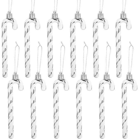 Naler Pack of 12 Christmas Glitter Plastic Candy Cane Tree Hanging Ornaments for Holiday Party Decor,Silver