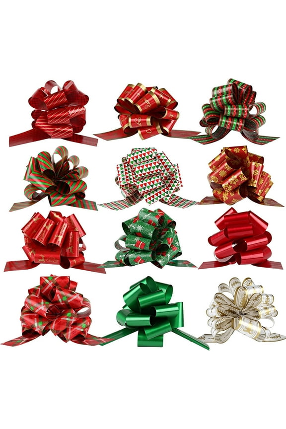Pack of 12 Christmas Pull Bows - (7.1"W,Assorted Colors) for Gift Wrapping Party Decorations