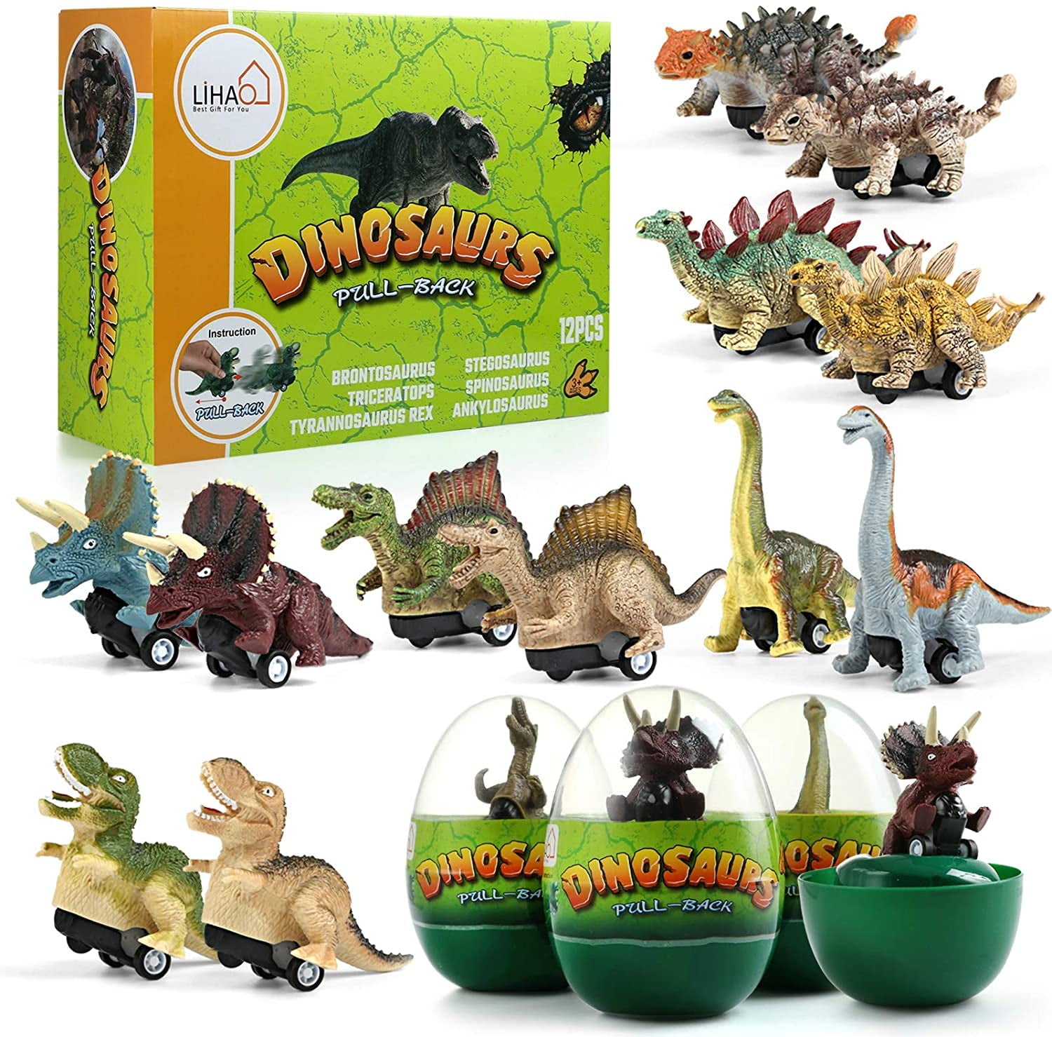 Naler Pack of 12 Dinosaur Pull Back Cars with Jumbo Eggs,Dino Surprise Easter Eggs for Kids Easter Basket Stuffers Birthday Party Favors
