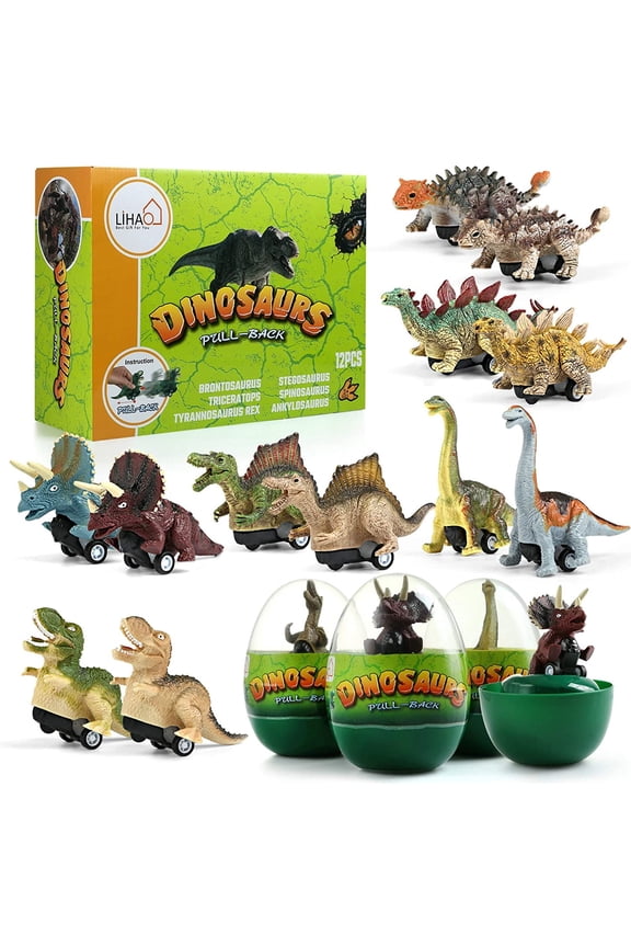 Pack of 12 Dinosaur Pull Back Cars with Jumbo Eggs,Dino Surprise Easter Eggs for Kids Easter Basket Stuffers Birthday Party Favors